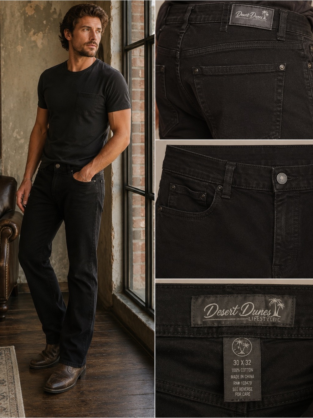 🖤 Desert Dunes Lifestyle Black Stretch Straight Leg Jeans Men’s 30x32